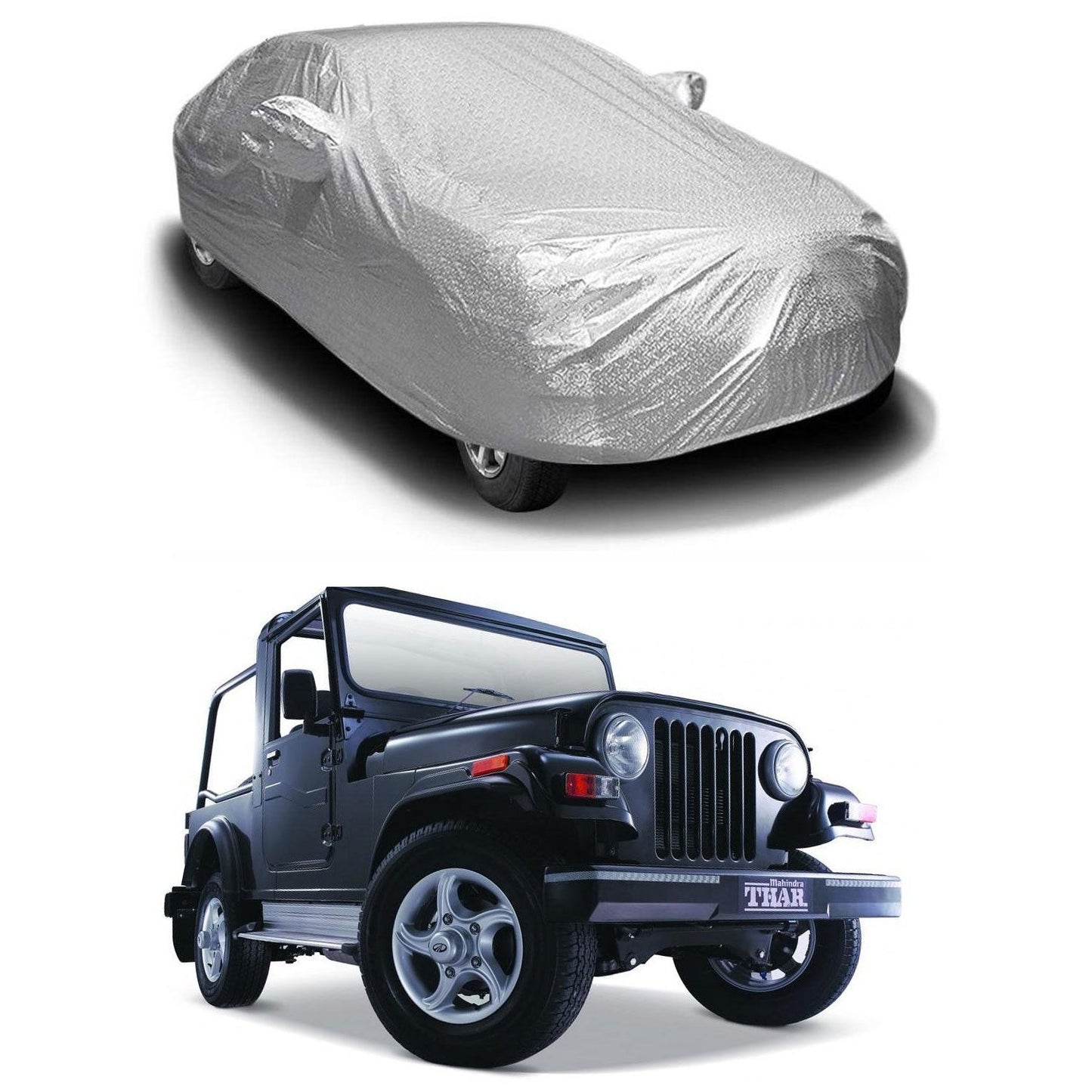 Oshotto Spyro Silver Anti Reflective, dustproof and Water Proof Car Body Cover with Mirror Pockets For Mahindra Thar