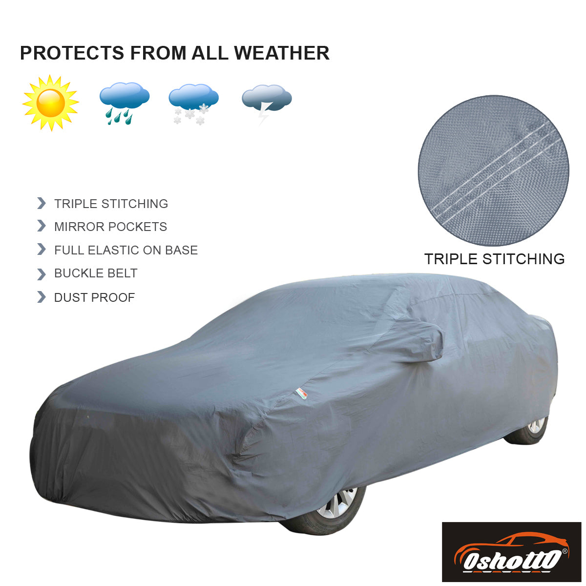 Oshotto Dark Grey 100% Anti Reflective, dustproof and Water Proof Car Body Cover with Mirror Pockets, Antenna For Honda Amaze Old (2013-2017)