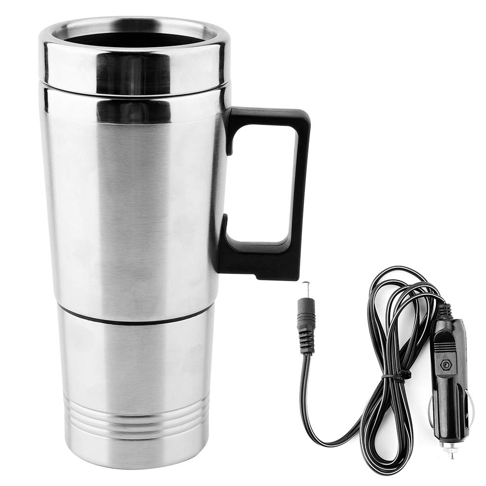 Oshotto 12V Electric Car Kettle Stainless Steel Water Tea Coffee Milk Heating Cup for Travelling Trip For All Cars (300ml) - Silver