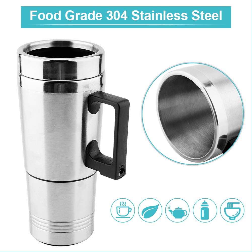 Oshotto 12V Electric Car Kettle Stainless Steel Water Tea Coffee Milk Heating Cup for Travelling Trip For All Cars (300ml) - Silver