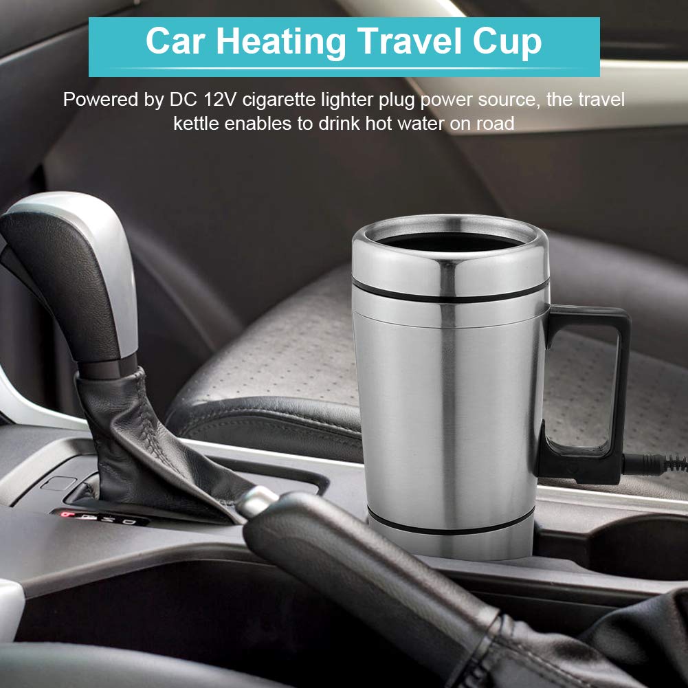 Oshotto 12V Electric Car Kettle Stainless Steel Water Tea Coffee Milk Heating Cup for Travelling Trip For All Cars (300ml) - Silver