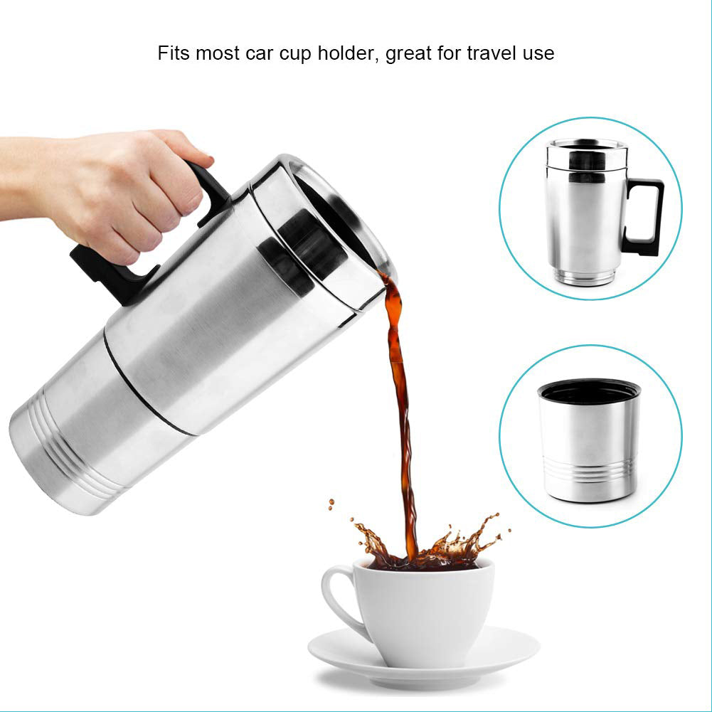 Oshotto 12V Electric Car Kettle Stainless Steel Water Tea Coffee Milk Heating Cup for Travelling Trip For All Cars (300ml) - Silver
