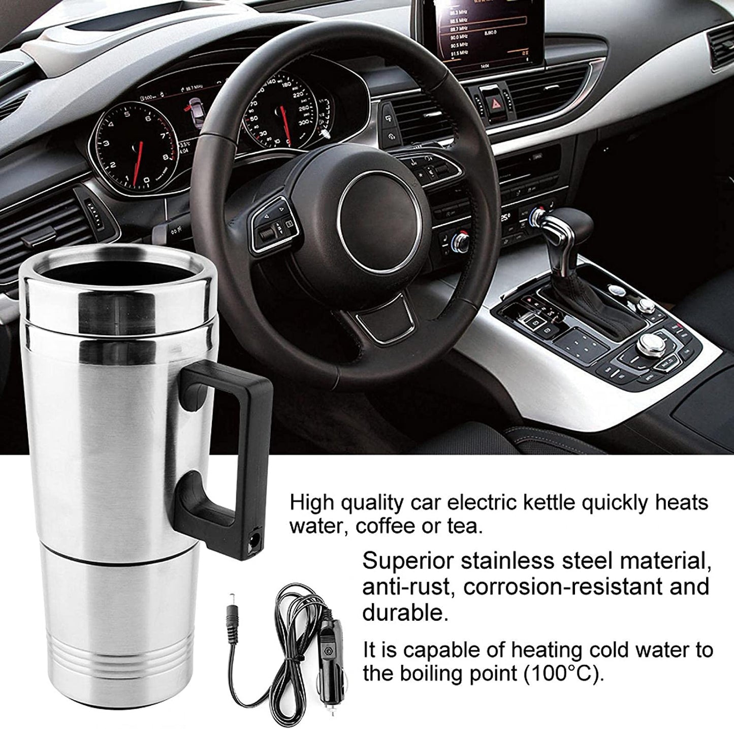 Oshotto 12V Electric Car Kettle Stainless Steel Water Tea Coffee Milk Heating Cup for Travelling Trip For All Cars (300ml) - Silver