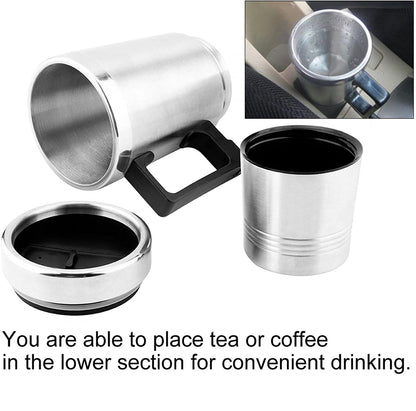 Oshotto 12V Electric Car Kettle Stainless Steel Water Tea Coffee Milk Heating Cup for Travelling Trip For All Cars (300ml) - Silver