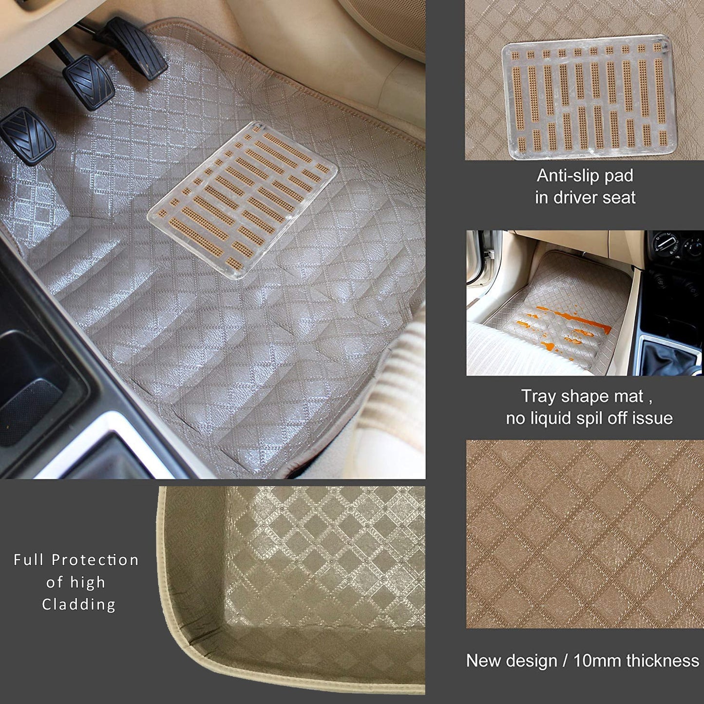 Oshotto 4D Artificial Leather Car Floor Mats For Toyota Fortuner New - Set of 5 (Complete Mat with 3rd Row and Dicky) - Beige