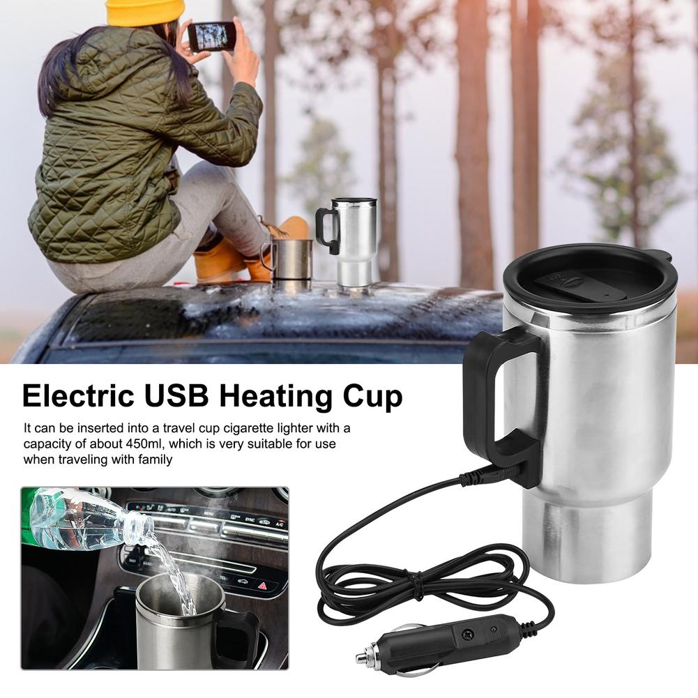 Oshotto 12V Stainless Steel Car Heating Mug Travel Friendly Electric Coffee Kettle (450ml)