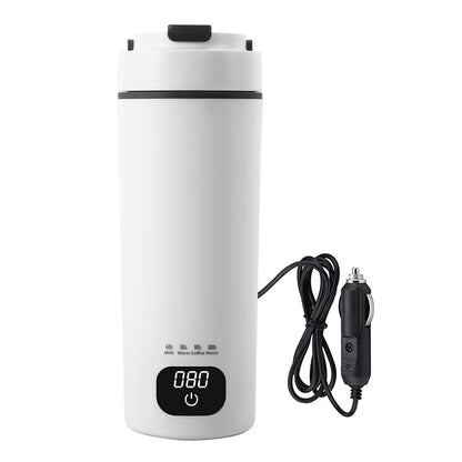 Oshotto 12/24V Car Electric Water Kettle with LCD Digital 4 Variable Presets Auto Shut-off 304 Stainless Steel Liner Leak-Proof For Travel Camping, Road Trip for Cars (450ml)