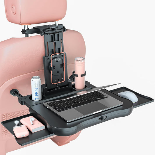 Oshotto (FT-10) Multifunctional Car Backseat Laptop and Food Tray Desk with Phone Holder, Cup Holder & Storage Drawers – Adjustable Foldable Car Table for Work, Travel & Dining