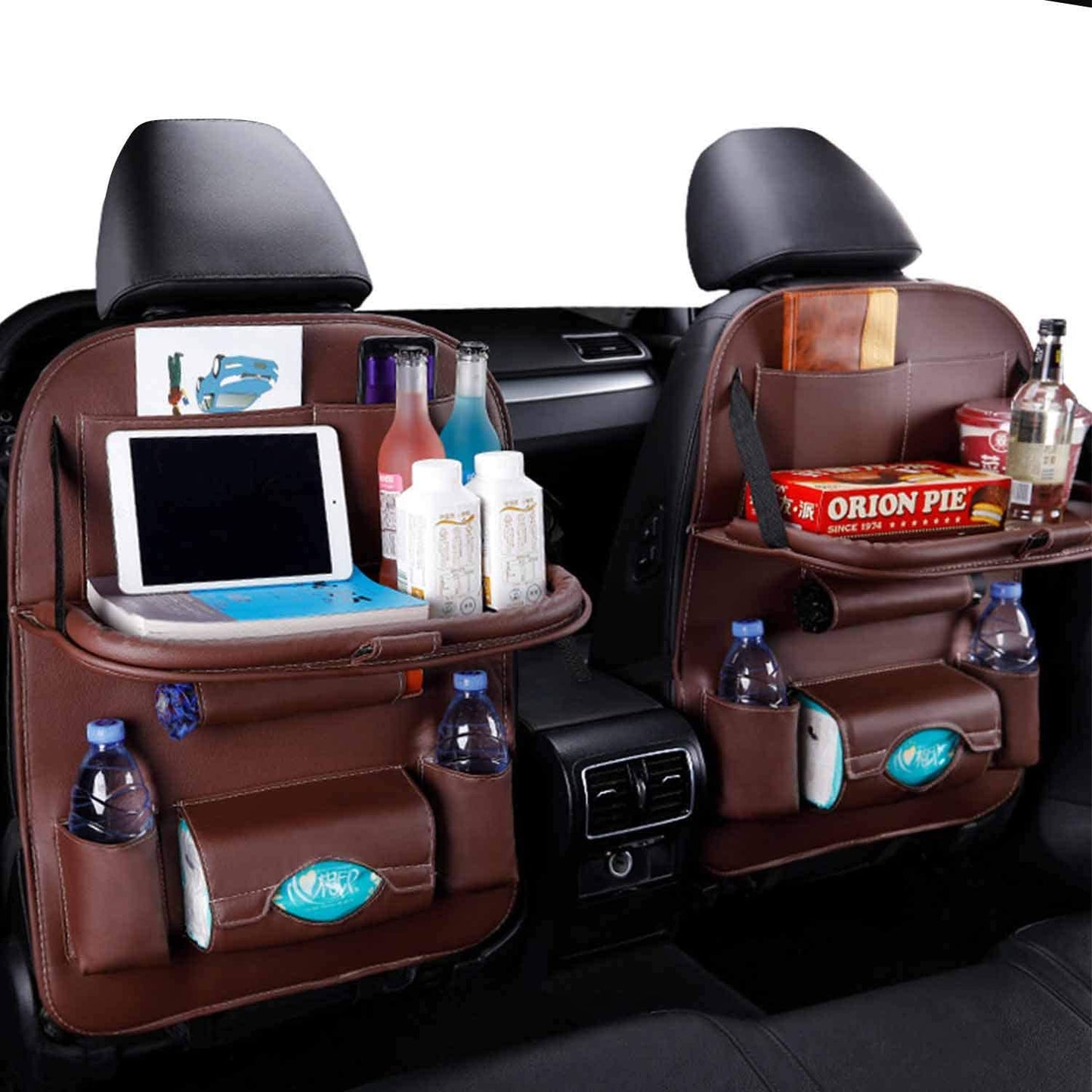 Oshotto Car Backseat Storage Organizer with Foldable Tray, Multi-Pocket for Bottles, Tissue Boxes Compatible with All Cars (Brown)