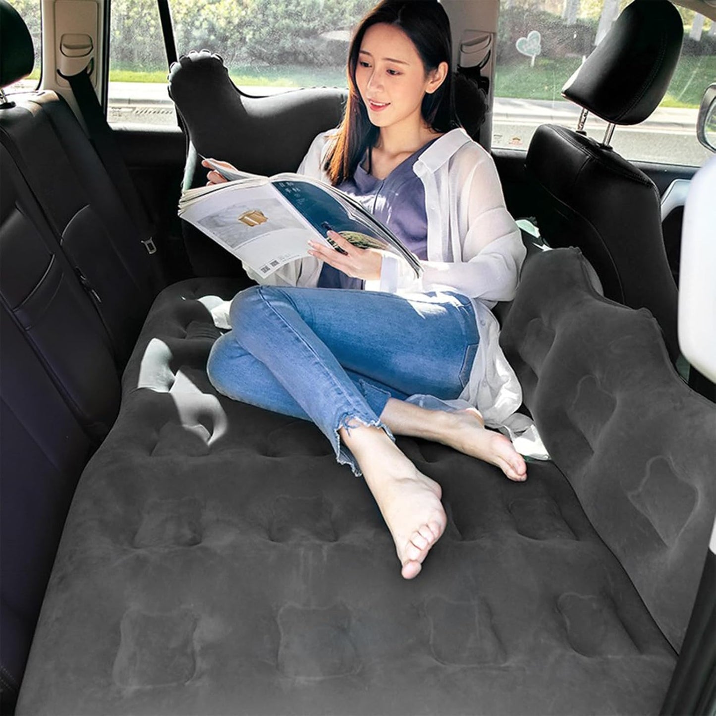 Oshotto Designer Thickend Car Travel Camping Portable Bed Air Mattress with Pillow, Car Air Pump for Cars (Black)