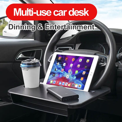 Oshotto FT-06 Dual Purpose Car Steering Wheel Rack Desk Vehicle seat Gap Organizer Dinning car Tray Table Cup Holder Compatible with All (Black)