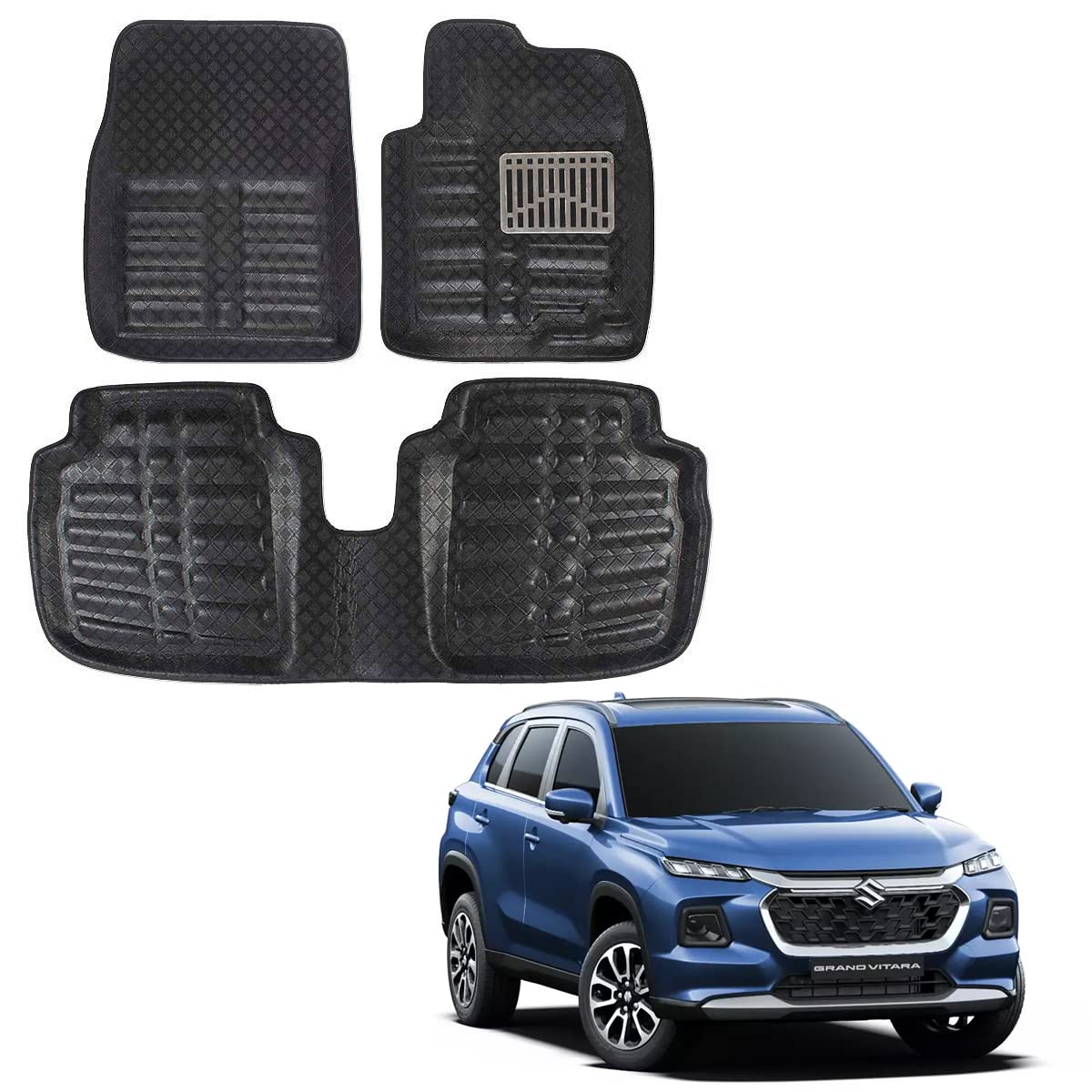 Oshotto 4D Artificial Leather Car Floor Mats For Maruti Suzuki Grand Vitara 2022 Onwards - Set of 3 (2 pcs Front & one Long Single Rear pc) - Black