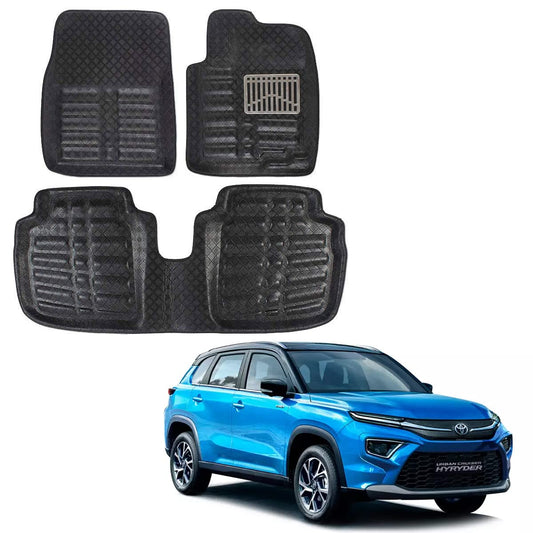 Oshotto 4D Artificial Leather Car Floor Mats For Toyota Urban Cruiser Hyryder 2022 Onwards - Set of 3 (2 pcs Front & one Long Single Rear pc) - Black