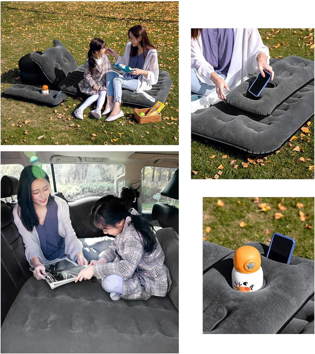 Oshotto Designer Thickend Car Travel Camping Portable Bed Air Mattress with Pillow, Car Air Pump for Cars (Black)