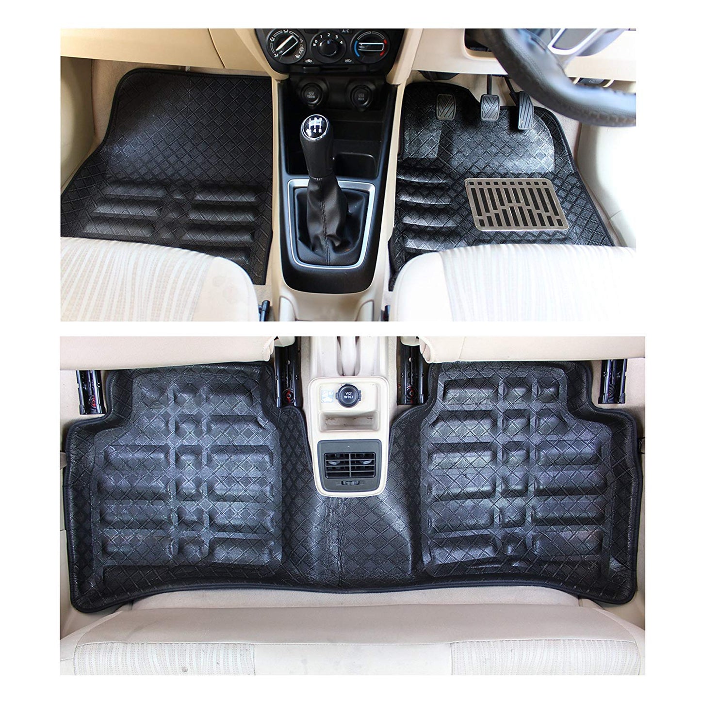 Oshotto 4D Artificial Leather Car Floor Mats For Honda Amaze (2018-2023 Model) - Set of 3 (2 pcs Front & one Long Single Rear pc) - Black