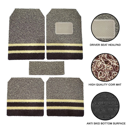 Oshotto Anti Skid Curly Noodle Grass 18mm Car Foot/Floor Mats for All Cars (Set of 5, Beige,Brown)