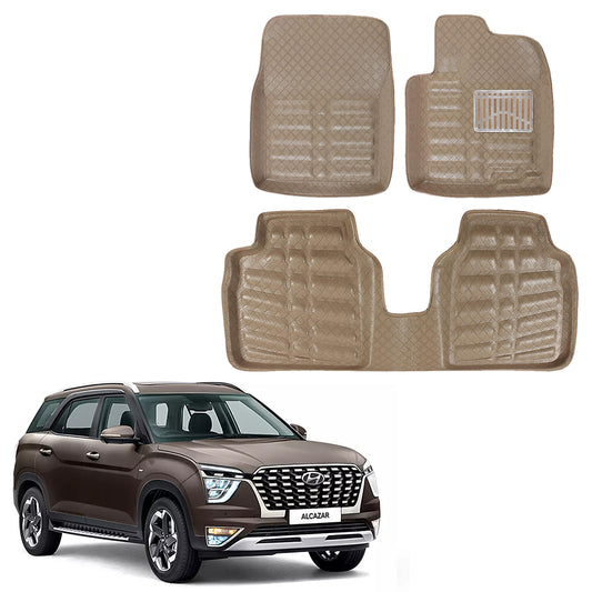 Oshotto 4D Artificial Leather Car Floor Mats For Hyundai Alcazar - Set of 5 (Complete Mat with 3rd Row and Dicky) - Beige
