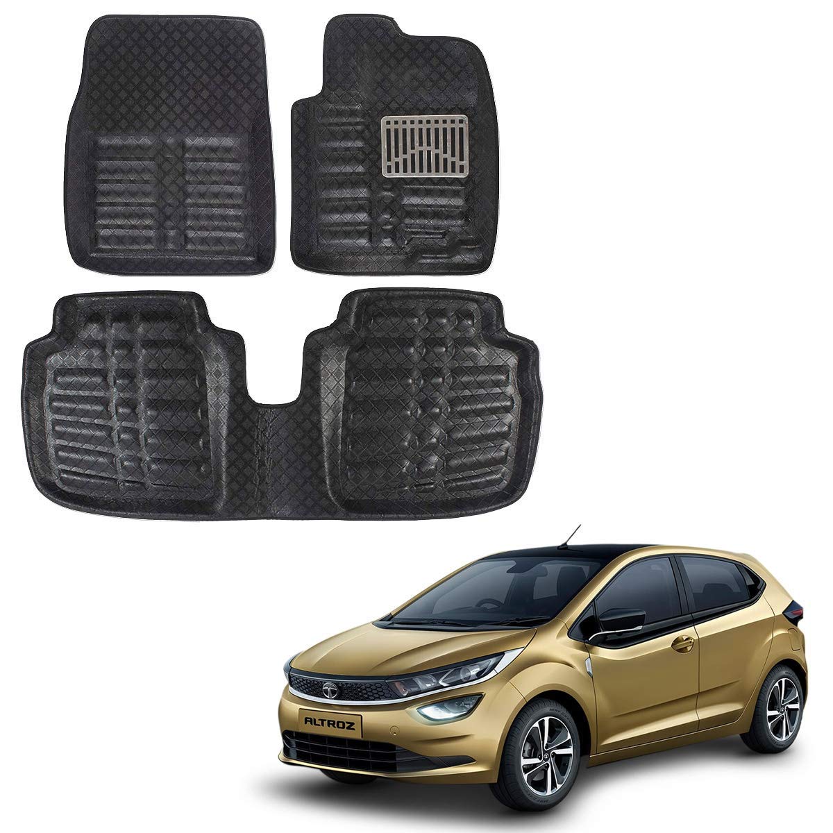 Oshotto 4D Artificial Leather Car Floor Mats For Tata Altroz - Set of 3 (2 pcs Front & one Long Single Rear pc) - Black