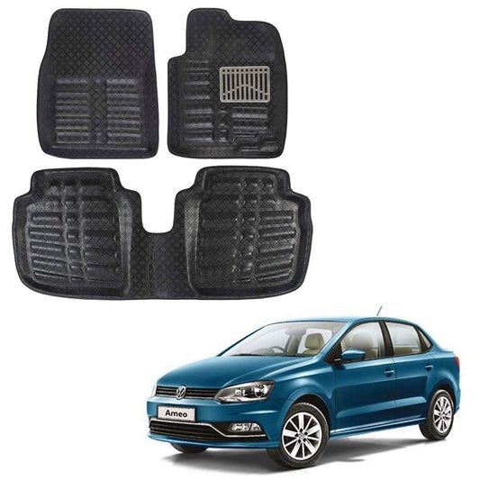 Oshotto 4D Artificial Leather Car Floor Mats For Volkswagen Ameo - Set of 3 (2 pcs Front & one Long Single Rear pc) - Black
