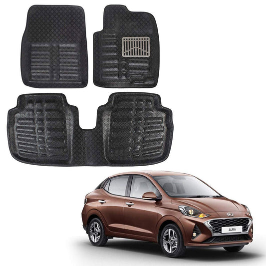 Oshotto 4D Artificial Leather Car Floor Mats For Hyundai Aura - Set of 3 (2 pcs Front & one Long Single Rear pc) - Black