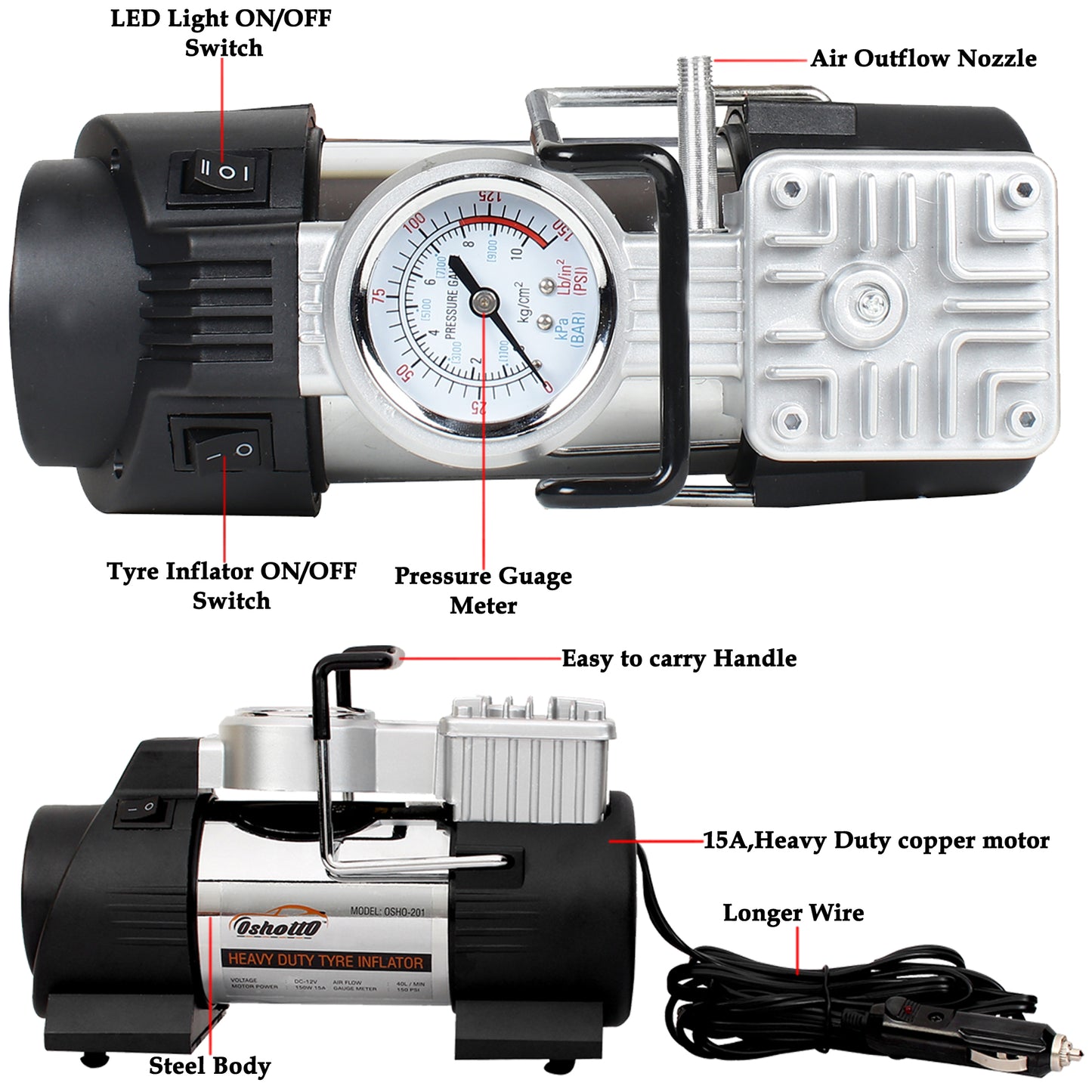 Oshotto 12V Heavy Duty with 100W Copper Motor Double Cylinder Air Compressor/Tyre Inflator-Steel Body