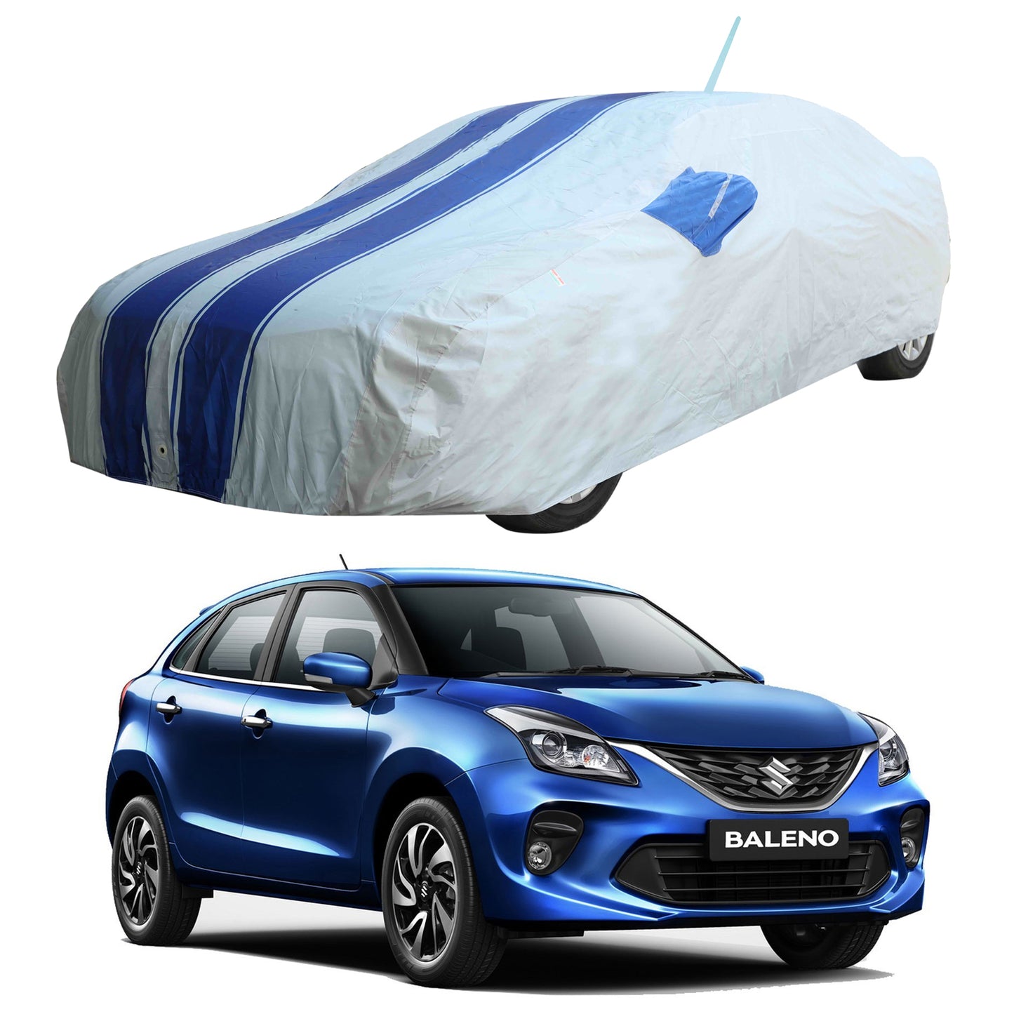 Oshotto 100% Blue dustproof and Water Resistant Car Body Cover with Mirror & Antenna Pockets For Maruti Suzuki Baleno 2022 Onwards