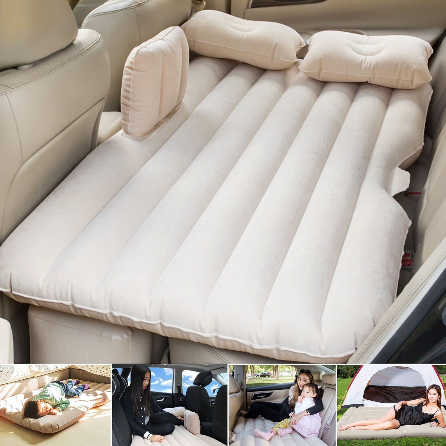 Oshotto Multifunctional Car Travel Inflatable Bed Mattress with Two Air Pillows, Car Air Pump and Repair kit for All Cars (Beige)