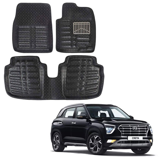 Oshotto 4D Artificial Leather Car Floor Mats For Hyundai Creta 2020-2023 - Set of 3 (2 pcs Front & one Long Single Rear pc) - Black