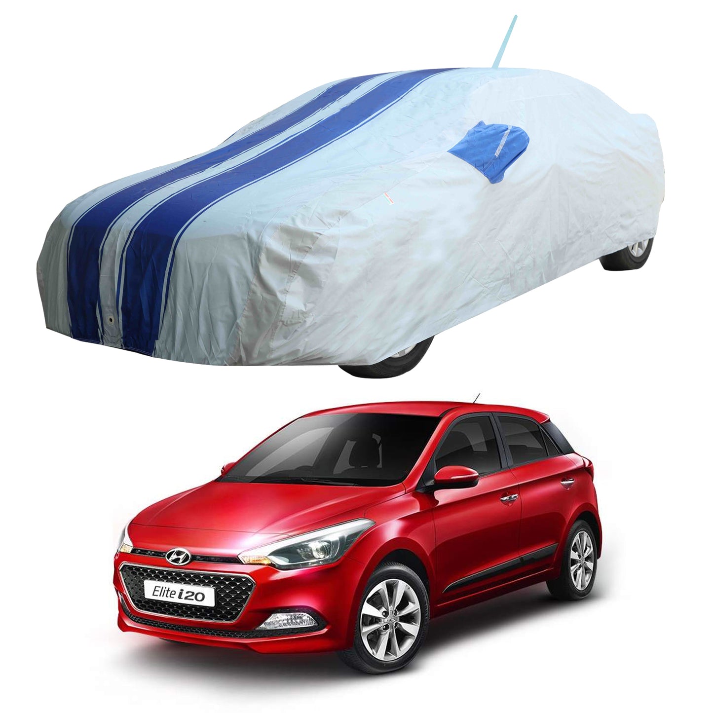 Oshotto 100% Blue dustproof and Water Resistant Car Body Cover with Mirror & Antenna Pockets For Hyundai i20 Elite/Active 2014-2023