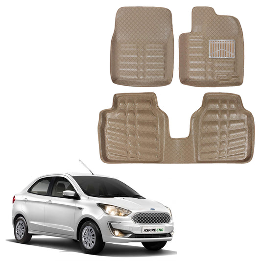 Oshotto 4D Artificial Leather Car Floor Mats For Ford Aspire - Set of 3 (2 pcs Front & one Long Single Rear pc) - Beige
