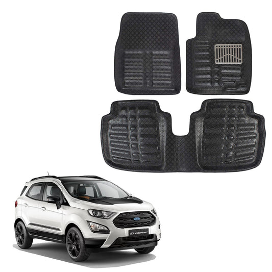 Oshotto 4D Artificial Leather Car Floor Mats For Ford Ecosports - Set of 3 (2 pcs Front & one Long Single Rear pc) - Black