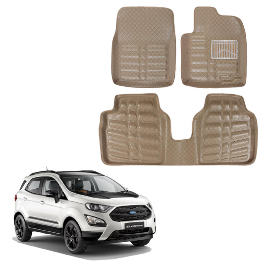 Oshotto 4D Artificial Leather Car Floor Mats For Ford Ecosports - Set of 3 (2 pcs Front & one Long Single Rear pc) - Beige