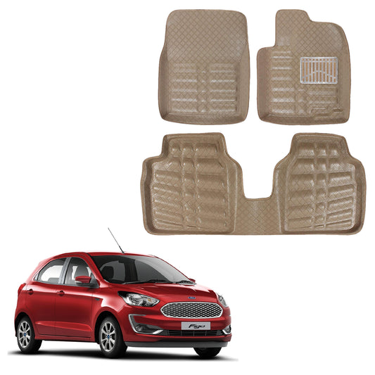 Oshotto 4D Artificial Leather Car Floor Mats For Ford Figo - Set of 3 (2 pcs Front & one Long Single Rear pc) - Beige