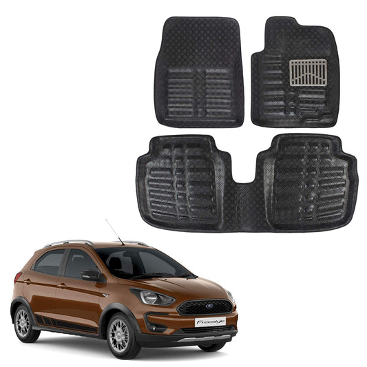 Oshotto 4D Artificial Leather Car Floor Mats For Ford Freestyle - Set of 3 (2 pcs Front & one Long Single Rear pc) - Black