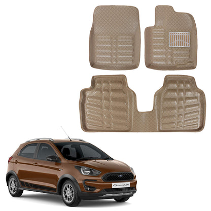 Oshotto 4D Artificial Leather Car Floor Mats For Ford Freestyle - Set of 3 (2 pcs Front & one Long Single Rear pc) - Beige