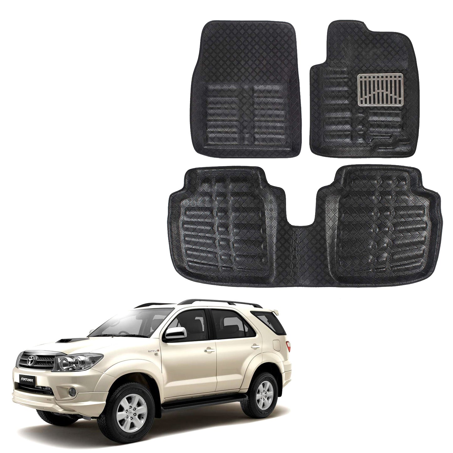 Oshotto 4D Artificial Leather Car Floor Mats For Toyota Fortuner Old - Set of 5 (Complete Mat with 3rd Row and Dicky) - Black