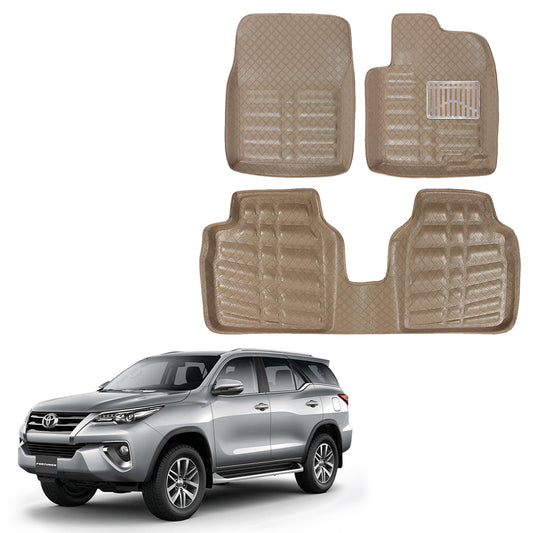 Oshotto 4D Artificial Leather Car Floor Mats For Toyota Fortuner New - Set of 5 (Complete Mat with 3rd Row and Dicky) - Beige