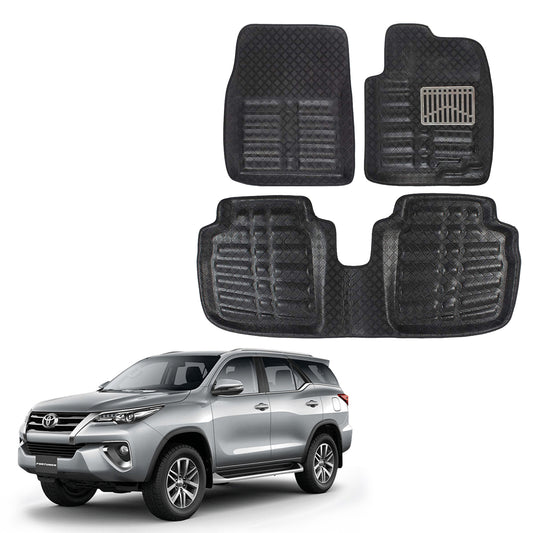 Oshotto 4D Artificial Leather Car Floor Mats For Toyota Fortuner New (Complete Mat with 3rd Row and Dicky) - Set of 5 - Black