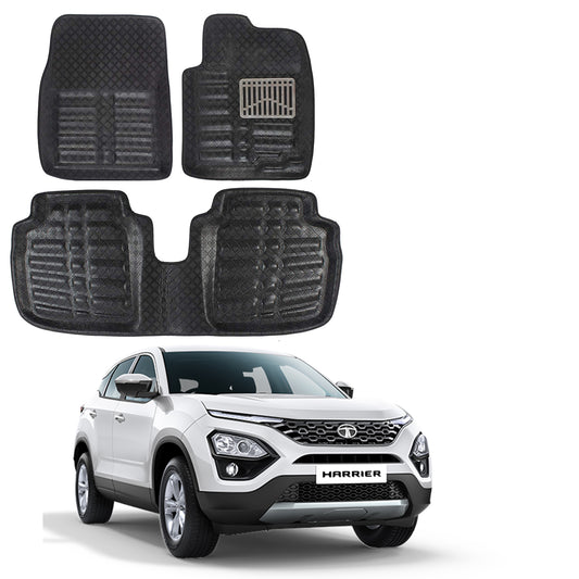 Oshotto 4D Artificial Leather Car Floor Mats For Tata Harrier - Set of 3 (2 pcs Front & one Long Single Rear pc) - Black