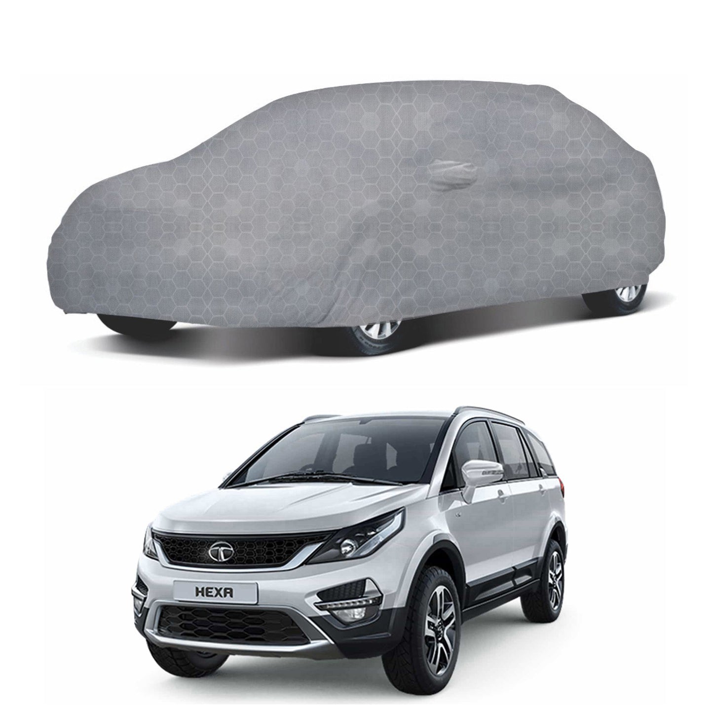 Oshotto 100% Dust Proof, Water Resistant Grey Car Body Cover with Mirror Pocket For Tata Hexa