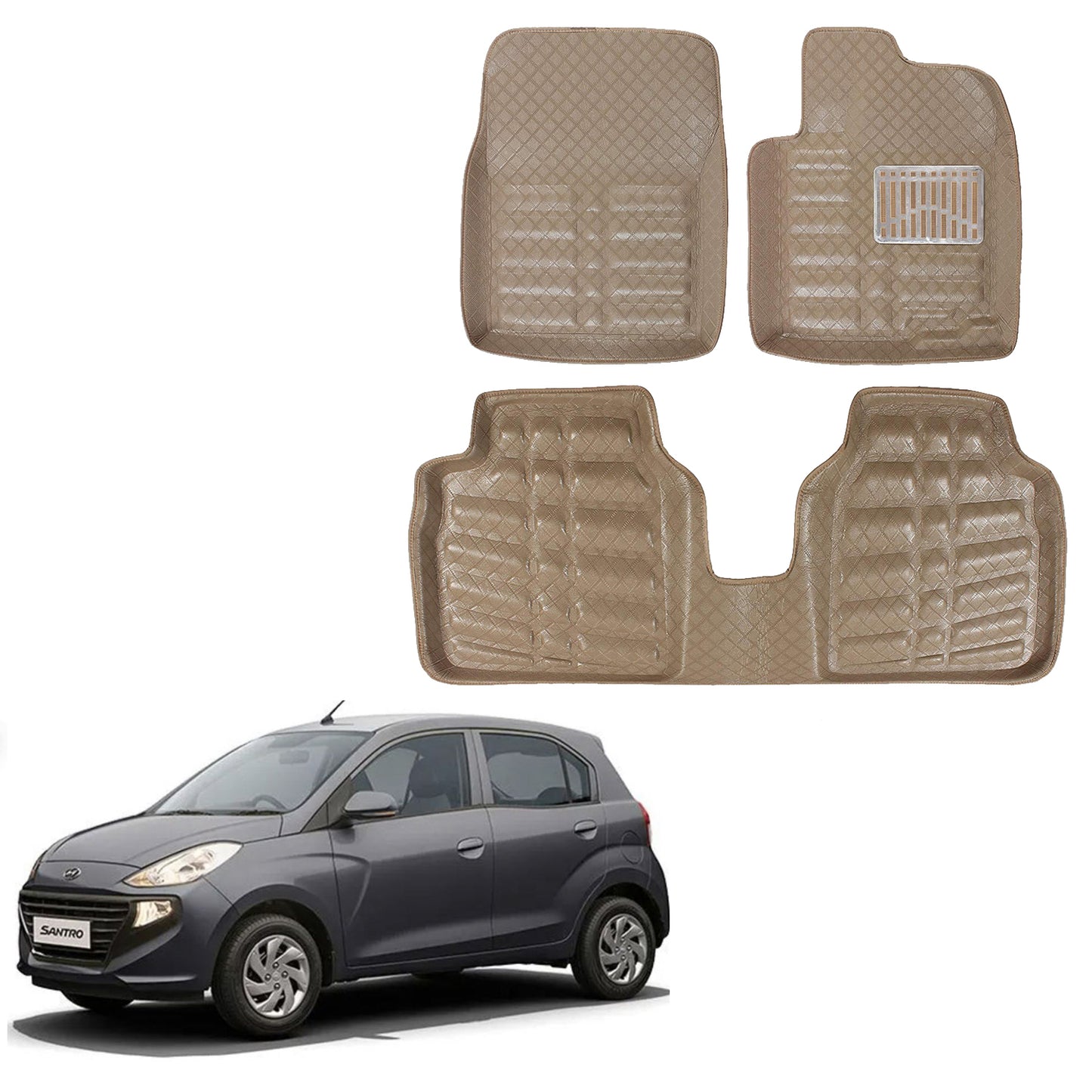 Oshotto 4D Artificial Leather Car Floor Mats For Hyundai New Santro 2018-2023 - Set of 3 (2 pcs Front & one Long Single Rear pc) - Beige