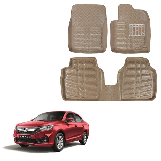 Oshotto 4D Artificial Leather Car Floor Mats For Honda Amaze 2013-2017 (2 Pieces Front and one Long Single Rear PC) -Set of 3 - Beige