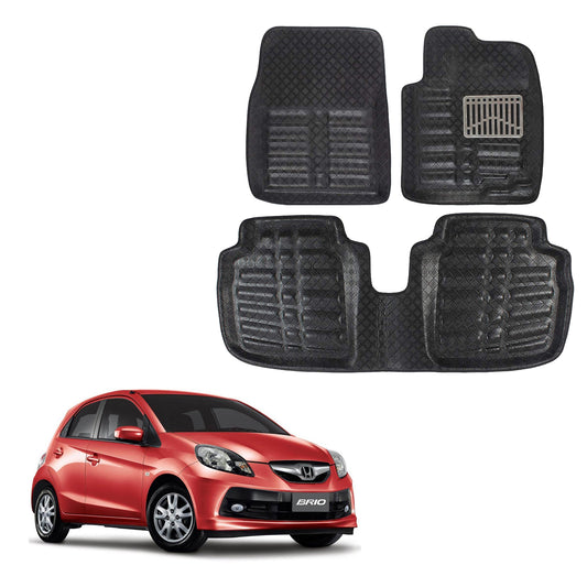 Oshotto 4D Artificial Leather Car Floor Mats For Honda Brio - Set of 3 (2 pcs Front & one Long Single Rear pc) - Black