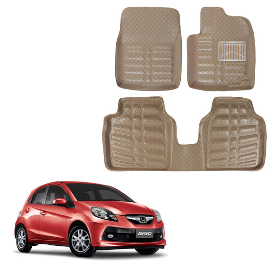 Oshotto 4D Artificial Leather Car Floor Mats For Honda Brio - Set of 3 (2 pcs Front & one Long Single Rear pc) - Beige