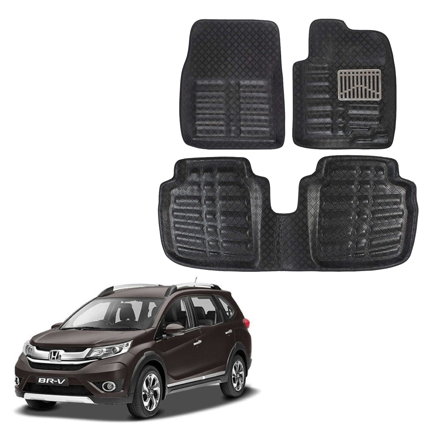 Oshotto 4D Artificial Leather Car Floor Mats For Honda BR-V - Set of 5 (Complete Mat with Third Row & Dicky) - Black