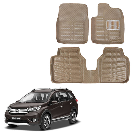Oshotto 4D Artificial Leather Car Floor Mats For Honda BR-V - Set of 5 (Complete Mat with Third Row & Dicky) - Beige