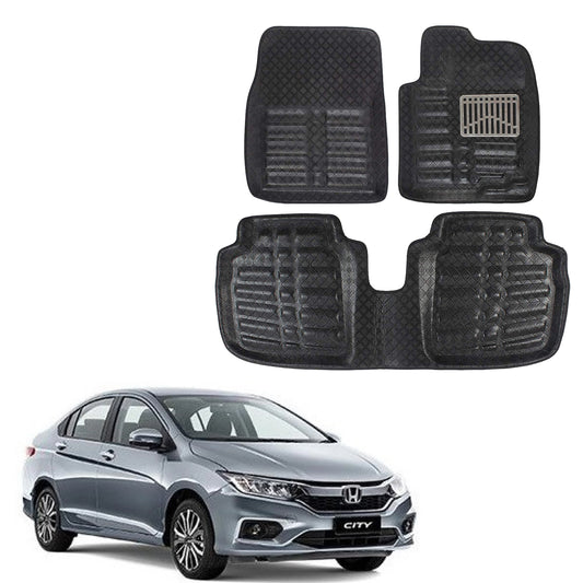 Oshotto 4D Artificial Leather Car Floor Mats For Honda City I-Vtech - Set of 3 (2 pcs Front & one Long Single Rear pc) - Black