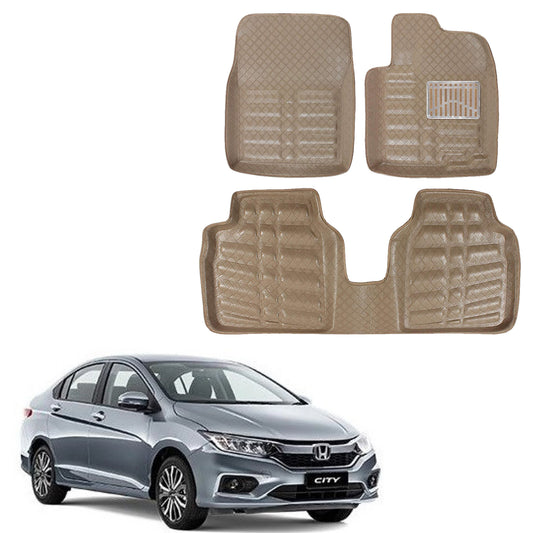 Oshotto 4D Artificial Leather Car Floor Mats For Honda City i-vtech 2010 Model - Set of 3 (2 pcs Front & one Long Single Rear pc) - Beige