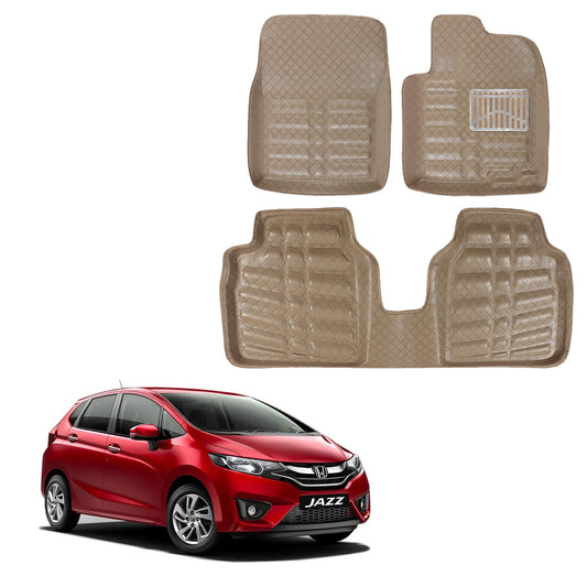 Oshotto 4D Artificial Leather Car Floor Mats For Honda New Jazz - Set of 3 (2 pcs Front & one Long Single Rear pc) - Beige