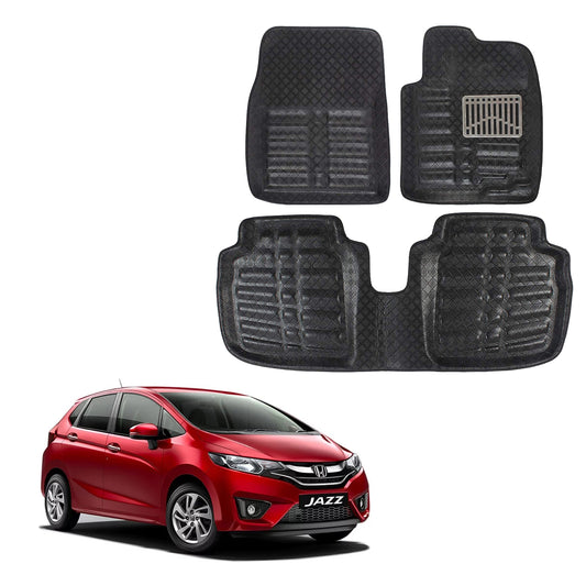 Oshotto 4D Artificial Leather Car Floor Mats For Honda New Jazz - Set of 3 (2 pcs Front & one Long Single Rear pc) - Black